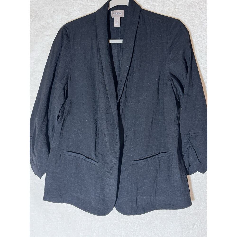 Women’s Chico Black Blazer Lightweight Size 1 Gathered 3/4 Sleeves Jacket